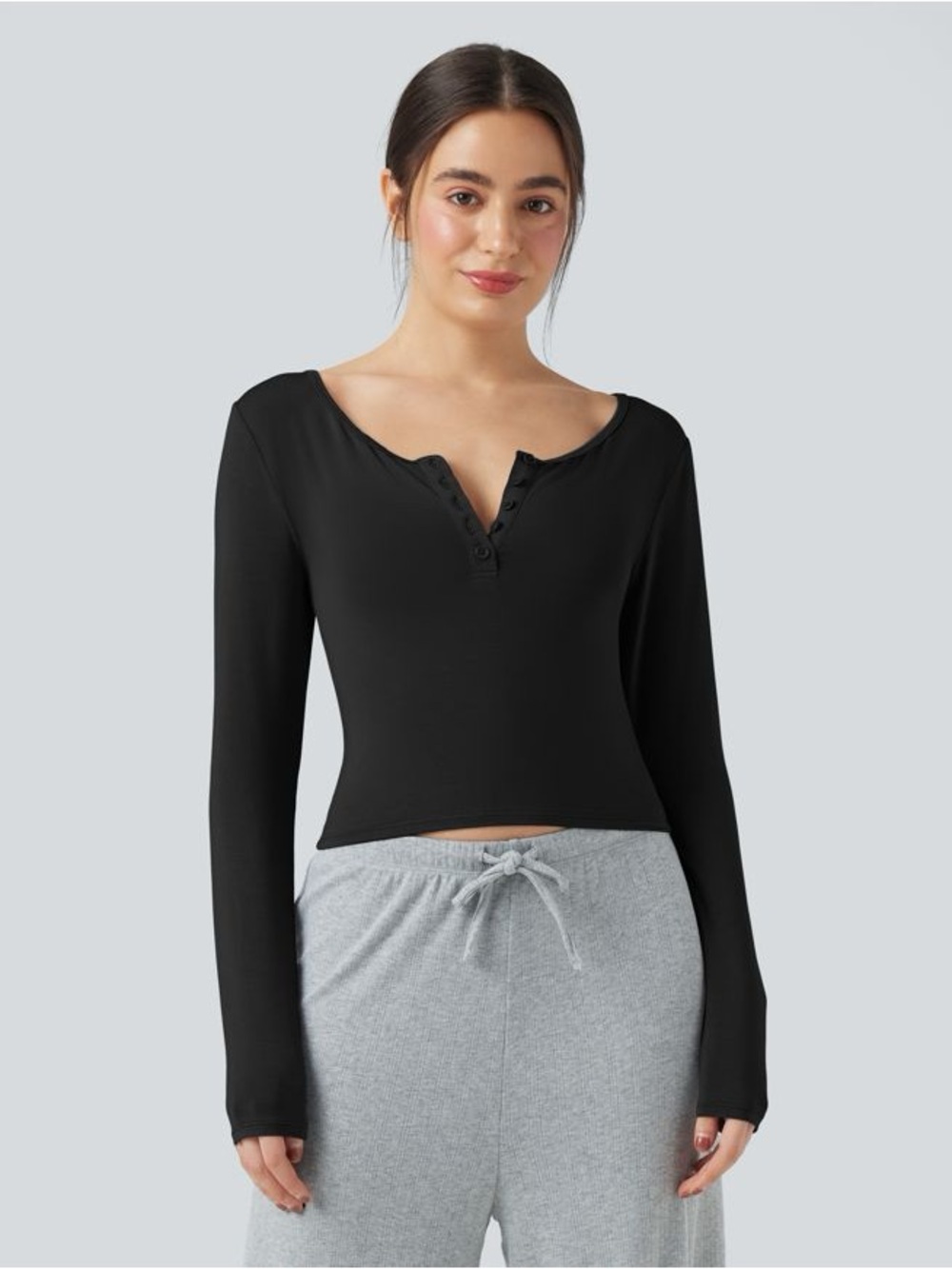 HALARA Black Henley Neck Long Sleeve Lounge Top